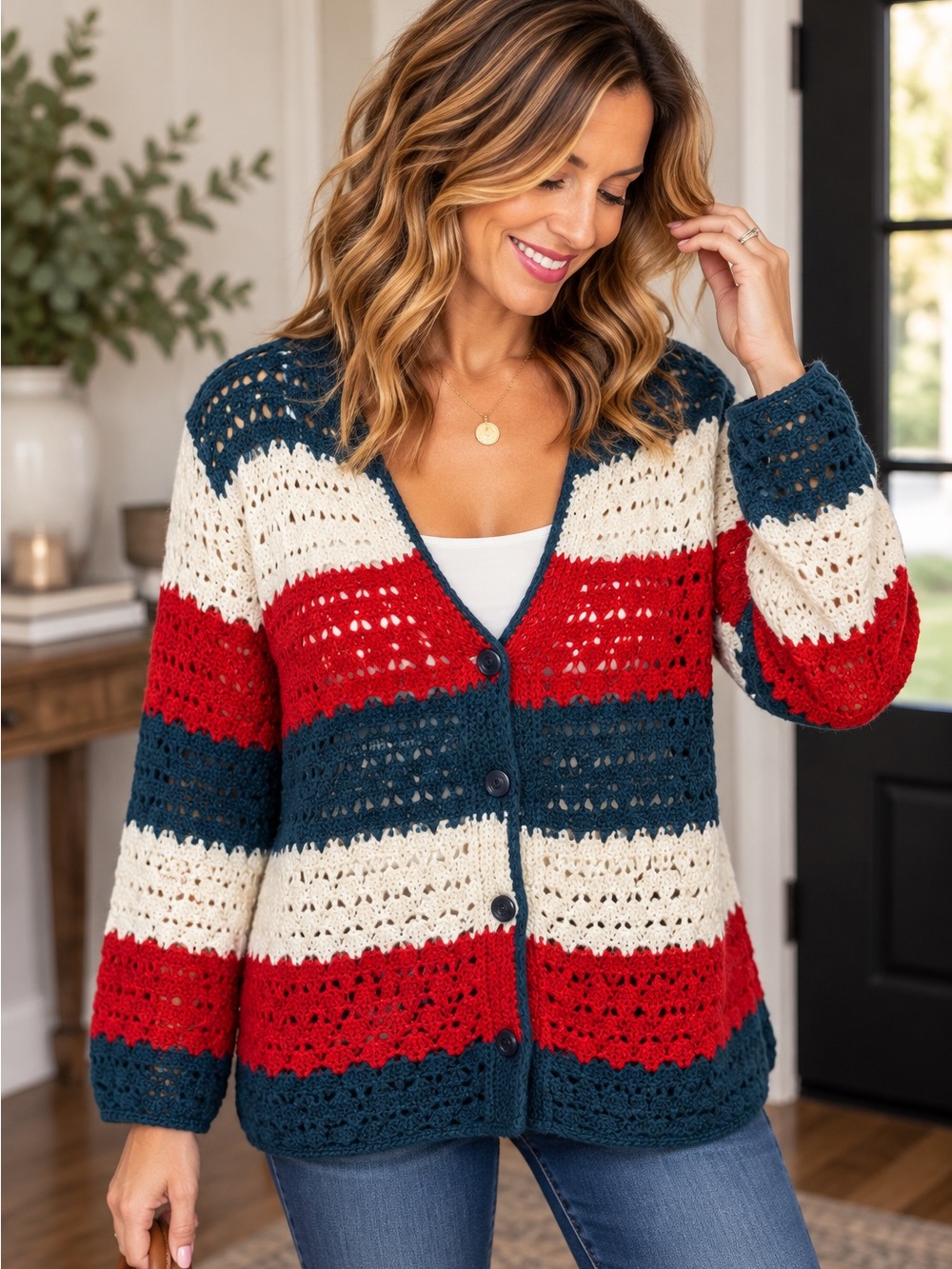 Open-Knit Striped Cardigan Sweater in Blue, Cream & Red